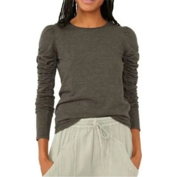 Free People Tops - Free People Natasha Ruched Sleeve Charcoal Gray Long Sleeve Top M
